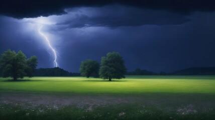 A thunderstorm at night, lightning illuminates a valley with thickets of wild grass and trees