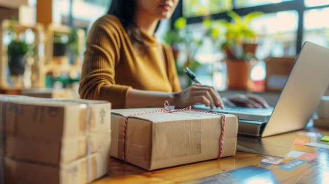 Woman is writing a list of customer on paper before shipping to them, she runs an ecommerce business on websites and social media.