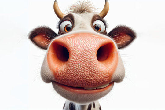 funny face of a surprised cow shot at a wide angle isolated on a white background