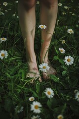 person standing barefoot in a field of green grass and white daisies --ar 2:3 Job ID: e34688b4-6598-47c7-aa1c-4e38fe7669e5