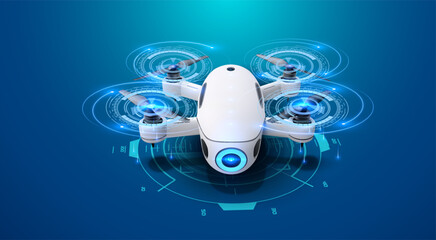 Futuristic Autonomous Drone Blue Digital Overlays. Сutting-edge white drone hovers, surrounded by dynamic blue digital interface overlays, evoking a sense of advanced autonomous technology. Vector