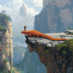 An adventurer yunnan lake newt in human form standing at the edge of a cliff - obrazy, fototapety, plakaty