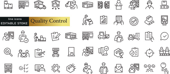 Quality Control line icons set. Quality Control outline icons with editable stroke collection. Includes Quality Check, Inspection, Evaluation, Production, Improvement 