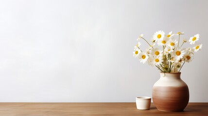 Wooden table with beige clay vase with bouquet