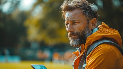 A vibrant scene on the sports field sidelines with a coach using a tablet to review and share critical health and performance data with players, with the action-packed game ongoing in the background. - obrazy, fototapety, plakaty