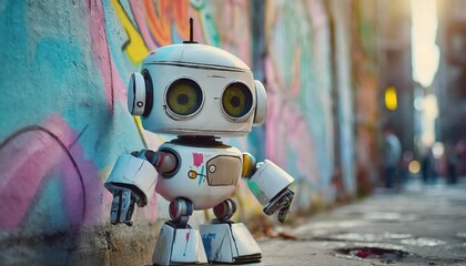  cute robot near graffiti wall