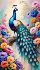 Illustration of colorful peacock surrounded by spring flowers