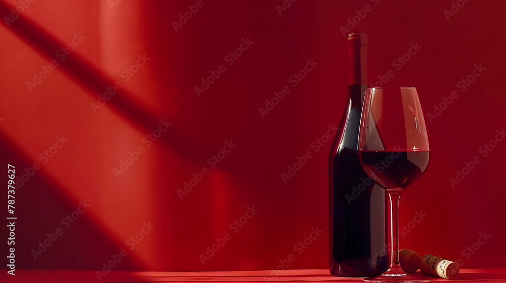 Poster bottle and glass of red wine on a red background copy space : generative ai