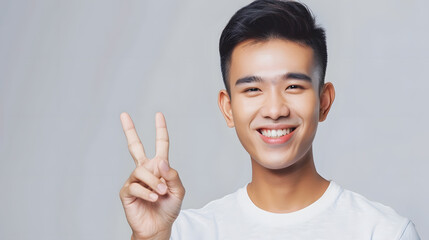 Happy handsome smiling young Asian man with hand gesture to show message on copy space isolated on background : Generative AI
