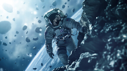 Astronaut exploring a new planet far away in the universe. - obrazy, fototapety, plakaty