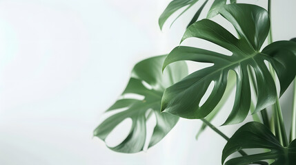 Beautiful monstera leaves or Swiss Cheese plant on a white background Monstera in a modern interior Minimalism concept Copy space selective focus Banner : Generative AI