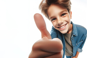 wide angle shot of a kid giving thumbs up isolated on a white background