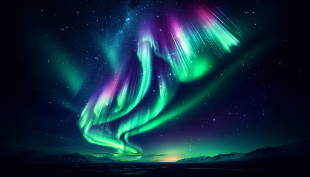 A stunning image of the night sky lit up by the Northern Lights. The aurora borealis feature an array of vibrant colors, with greens