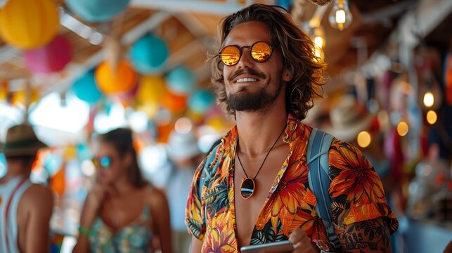 Inside a lively music festival, an event coordinator uses a tablet to track live updates of scheduling and attendee statistics, surrounded by festival attendees enjoying the performances, food stalls.