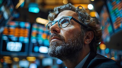 Over-the-shoulder view of a trader analyzing a tablet with live stock market charts and trends, with a panoramic view of the trading floor filled with bustling activity. - obrazy, fototapety, plakaty