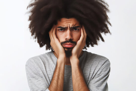 Afro man with stressed facial expression portrait on a white background copy space