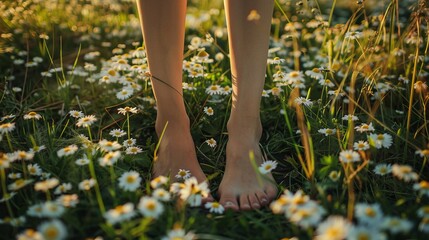 person standing barefoot in a field of green grass and white daisies, symbolizing connection with nature and grounding