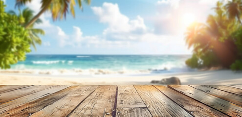 Beautiful blurred background of an empty wooden table with a beautiful beach and palm trees in the summer. Summer concept for product display presentation design in the style of summer. 