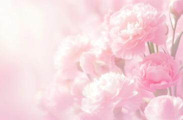 Beautiful soft pink background with blooming carnations, blurred. Banner design with copy space, closeup floral background in a blurred, light pastel style with delicate tones and gentle lighting.