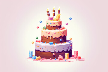 Birthday cake on pink background. Illustration for greeting card, party.
