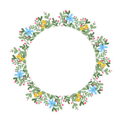 Floral round template with flat abstract plants. Spring concept on white background. Flat hand drawn colored items. Trendy print design for textile, wallpaper, interior, wrapping