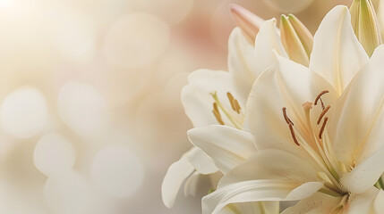 Close up white beige  lily flower natural floral background pastel color with copy space Natural beauty blossoming lily flower Peony blooms vertical flowery image celebrate nature post : Generative AI