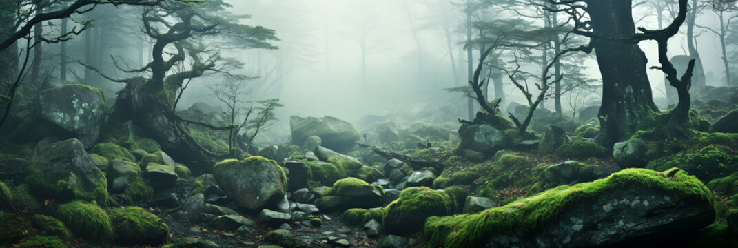 The dense, slumberous forest with trees among moss-covered stones in the morning mist