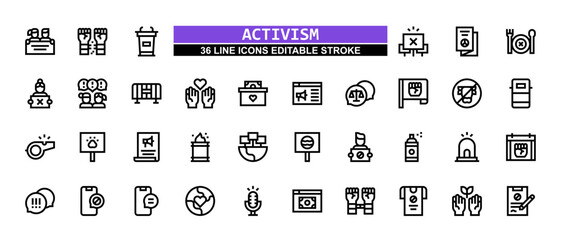 36 Activism Line Icons Set Pack Editable Stroke Vector Illustration.