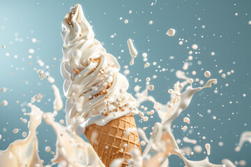 Waffle cone of sweet ice cream with vanilla and splashes of milk and syrup on a light background