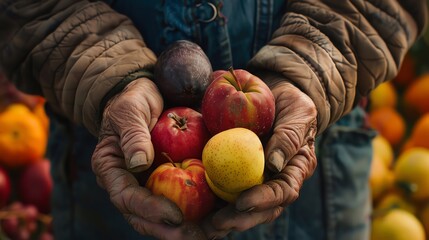 Closeup on senior farmers hands, fruits variety.