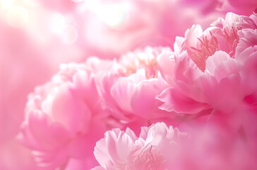 Beautiful pastel pink background with blooming carnations, blurred with soft focus and light tones in the romantic style. A large bouquet of peonies on the right side of the frame. Soft light