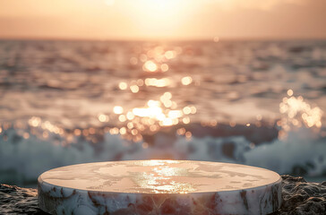 A serene scene unfolds as a round marble tabletop reflects the dying embers of sunlight, set against the backdrop of a gently undulating ocean. 