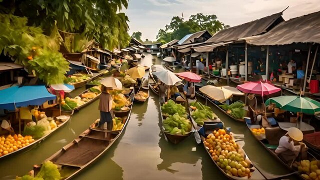 Aerial view of the famous floating market in Thailand, Damnoen Saduak floating market, Farmers go to sell organic products, fruits, vegetables and Thai cuisine, Tourists visit by boat