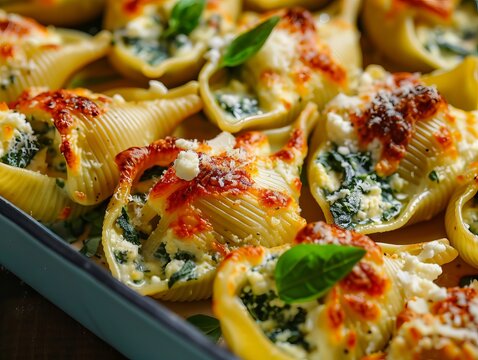 Freshly baked spinach and ricotta stuffed shells
