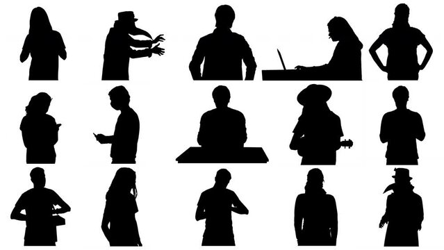 Silhouette People Collection Many Activities Medium Shot. Set of many silhouettes of men and women in different situations. Medium shot