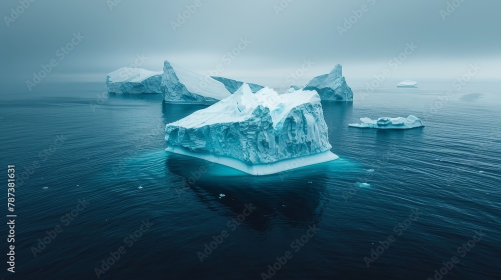 Poster a large iceberg is floating in the ocean with a few smaller icebergs in the background. the scene is
