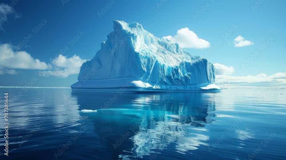 Poster a large ice block floating in the ocean. the sky is clear and blue. the water is calm and still