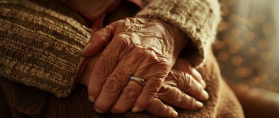 An elderly woman's ring finger still adorned with her engagement ring symbolizes a stability lifetime of marriage as she enters old age. - obrazy, fototapety, plakaty
