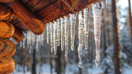 Icicles hanging from a wooden roof in the snow. The icicles are clear and shiny, reflecting the sunlight. The scene has a peaceful and serene mood, as the icicles seem to be suspended in mid-air - obrazy, fototapety, plakaty
