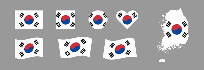 Map and flag set of South Korea. Country of Asia. Vector