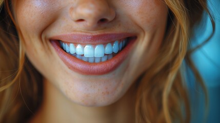 A closeup of a womans joyful smile, showcasing her white teeth and plump lips