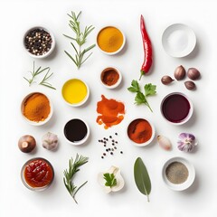 Appetizing Arrangement of Culinary Ingredients and Seasonings on a Clean White Background
