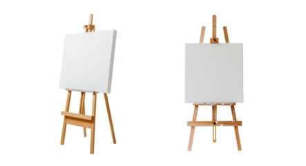 front and side view of a wooden easel and blank empty white canvas mockup. Isolated transparent background PNG. Made of wood. Wooden. Premium pen tool flawless cutout. Art studio. Painting concept.