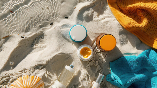 A beach skincare essentials kit with water-resistant sunscreen lip balm with SPF