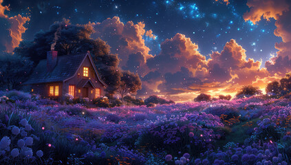Cozy house in the middle of a purple flowers field, beautiful sky with burning clouds, night. Created with Ai