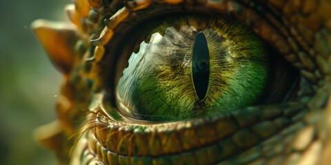 The striking detail of a reptile's slit eye, conveying wildness and ancient instinct in a piercing gaze - obrazy, fototapety, plakaty