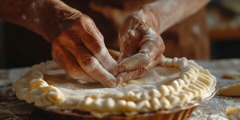 Artisan hands carefully shaping the edges of a homemade pie crust with intricate details on a kitchen counter - obrazy, fototapety, plakaty