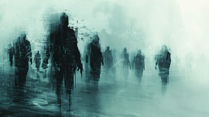 A group of people are walking in the rain, with some of them holding guns. Scene is dark and ominous, as the people seem to be in a zombie-like state