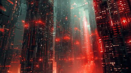 A cityscape with many buildings and a red light. The buildings are tall and the lights are bright. Scene is energetic and futuristic