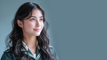 Fototapeta premium Malay student in green school uniform smiling at college education